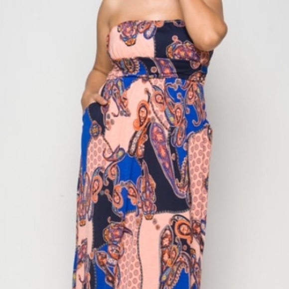 ❤️NEW 1X Peach Blue Paisley Strapless Dress - Picture 5 of 8